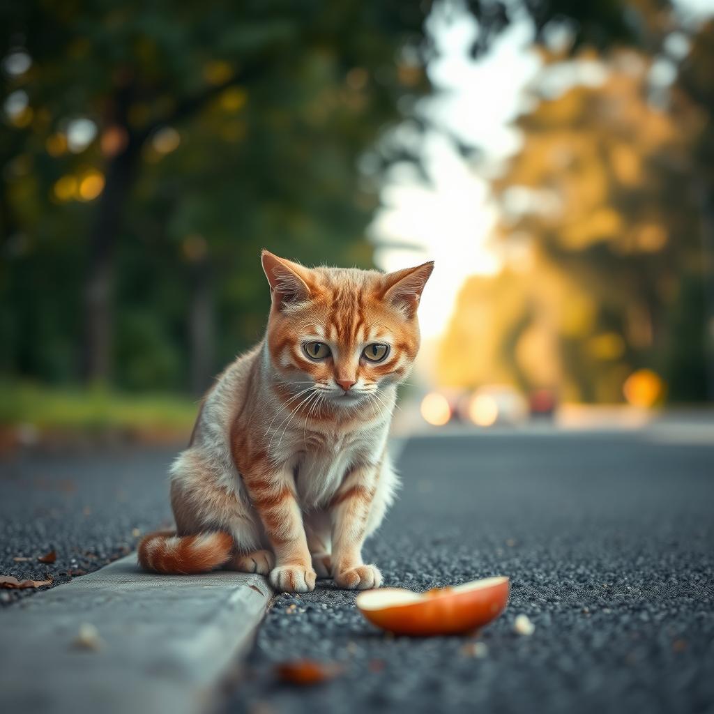 A sad cat sitting on the side of a road, looking forlorn and pitiful
