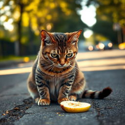 A sad cat sitting on the side of a road, looking forlorn and pitiful
