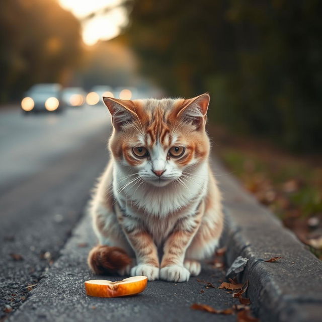 A sad cat sitting on the side of a road, looking forlorn and pitiful