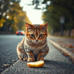 A sad cat sitting on the side of a road, looking forlorn and pitiful