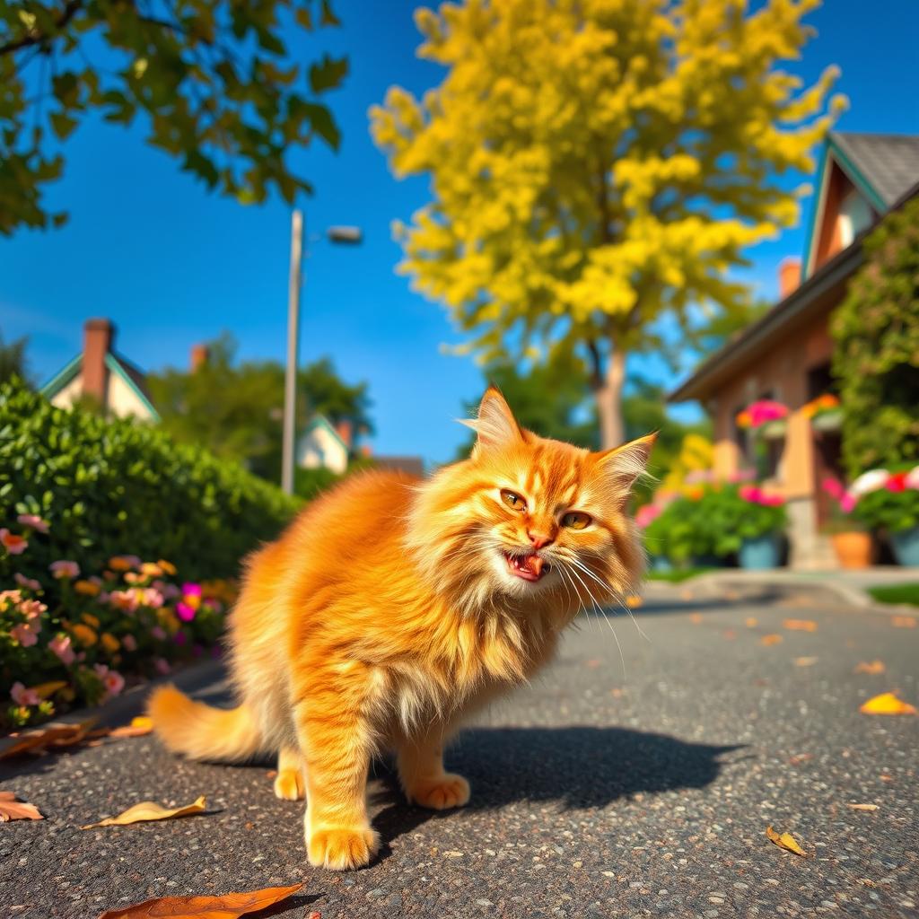 A picturesque scene of a street with a cat, a fluffy orange tabby, playfully nibbling on a piece of food, possibly a morsel of fish or chicken