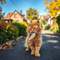 A picturesque scene of a street with a cat, a fluffy orange tabby, playfully nibbling on a piece of food, possibly a morsel of fish or chicken