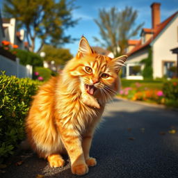 A picturesque scene of a street with a cat, a fluffy orange tabby, playfully nibbling on a piece of food, possibly a morsel of fish or chicken