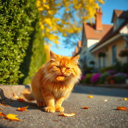 A picturesque scene of a street with a cat, a fluffy orange tabby, playfully nibbling on a piece of food, possibly a morsel of fish or chicken