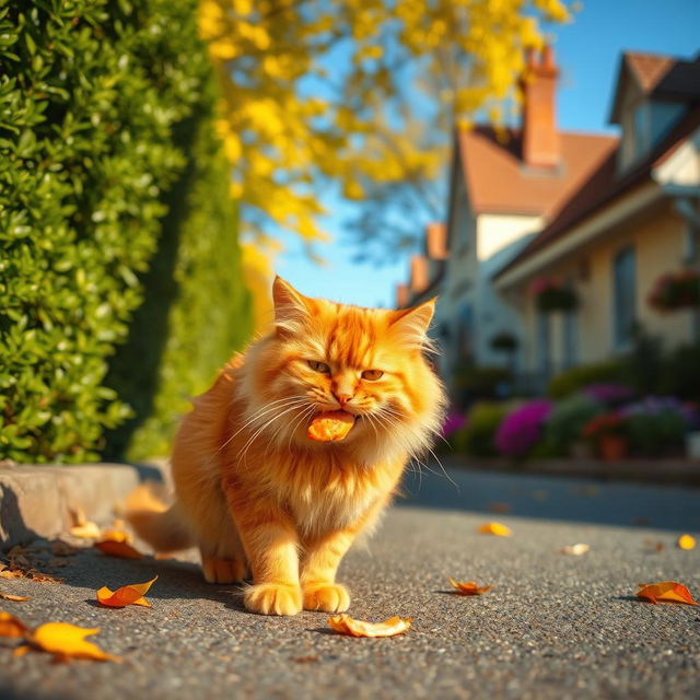 A picturesque scene of a street with a cat, a fluffy orange tabby, playfully nibbling on a piece of food, possibly a morsel of fish or chicken