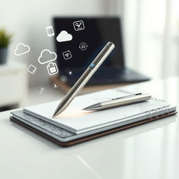 A sleek and modern smart pen, elegantly designed, showcasing a smooth metallic finish with a touch screen interface on one end