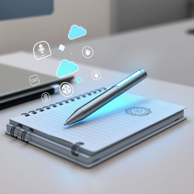 A sleek and modern smart pen, elegantly designed, showcasing a smooth metallic finish with a touch screen interface on one end
