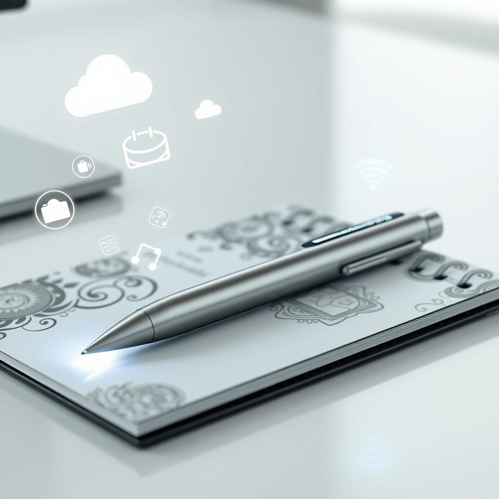 A sleek and modern smart pen, elegantly designed, showcasing a smooth metallic finish with a touch screen interface on one end