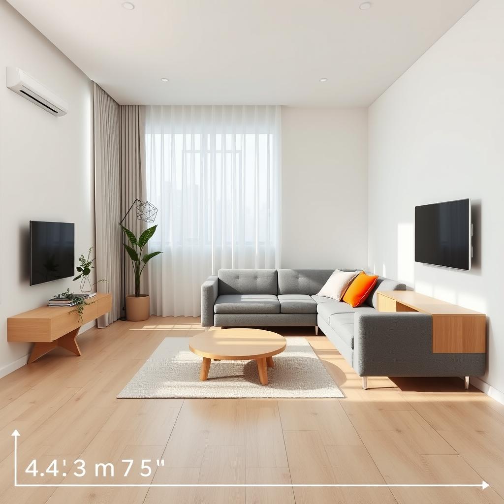 A minimalist living room in a modern apartment measuring 4