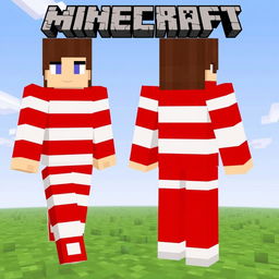 A Minecraft character skin designed with a unique pattern, featuring red and white horizontal stripes