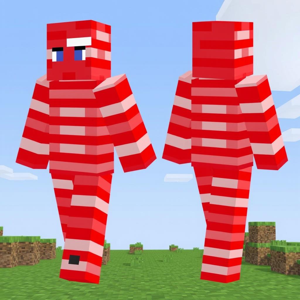 A Minecraft character skin designed with a unique pattern, featuring red and white horizontal stripes