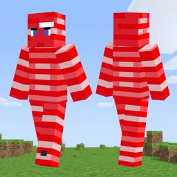 A Minecraft character skin designed with a unique pattern, featuring red and white horizontal stripes
