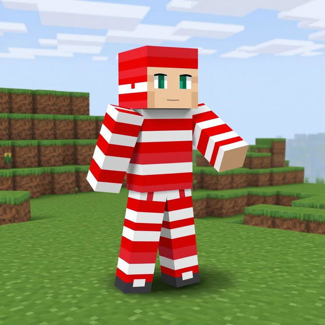 A Minecraft character skin designed with a unique pattern, featuring red and white horizontal stripes