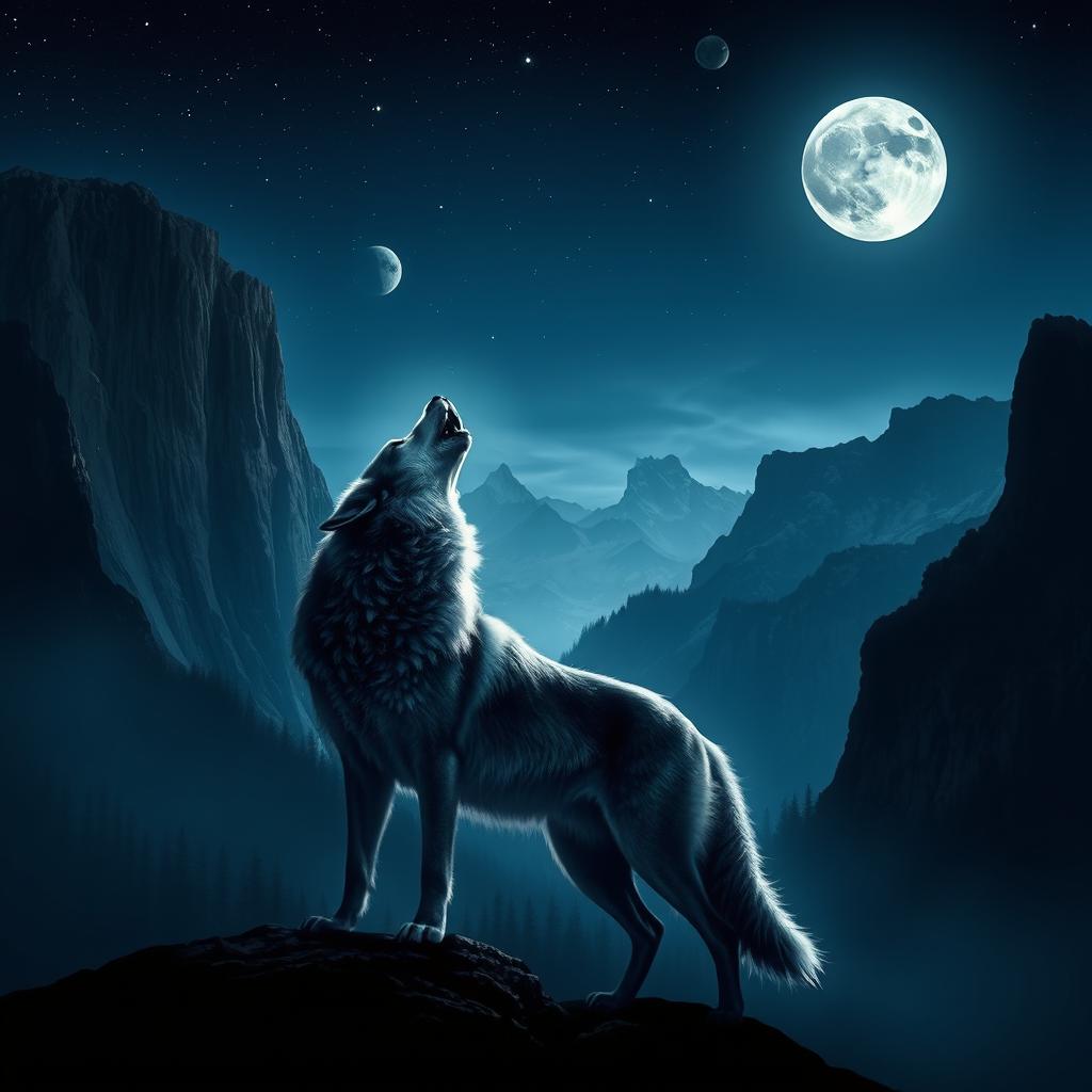 A wolf howling at the night sky in a deep valley, surrounded by towering mountains silhouetted against the moonlight