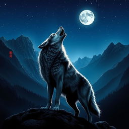 A wolf howling at the night sky in a deep valley, surrounded by towering mountains silhouetted against the moonlight
