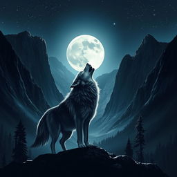 A wolf howling at the night sky in a deep valley, surrounded by towering mountains silhouetted against the moonlight