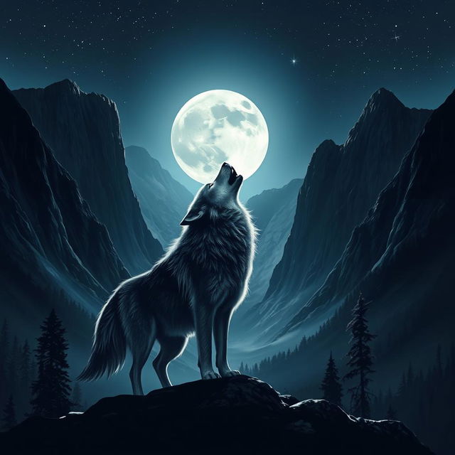A wolf howling at the night sky in a deep valley, surrounded by towering mountains silhouetted against the moonlight