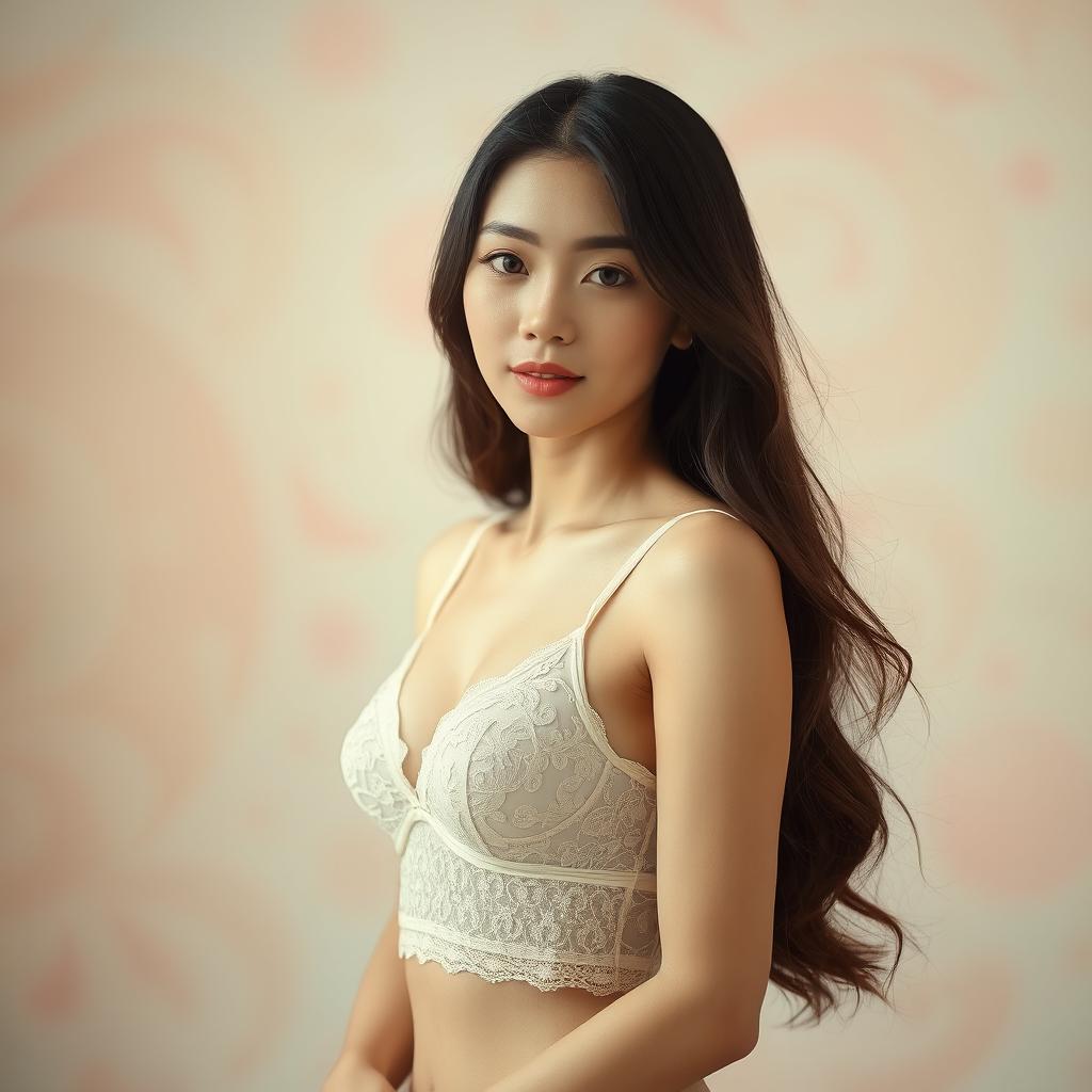 An Asian woman elegantly posed, wearing only a delicate lace bra