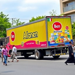 A vibrant scene featuring a large trailer truck adorned with an eye-catching advertisement for 'Ben Alameed