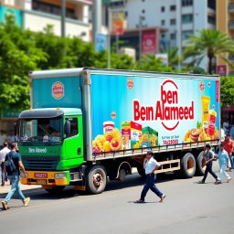 A vibrant scene featuring a large trailer truck adorned with an eye-catching advertisement for 'Ben Alameed