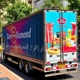 A vibrant scene featuring a large trailer truck adorned with an eye-catching advertisement for 'Ben Alameed