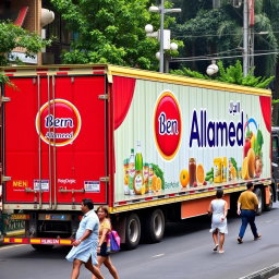 A vibrant scene featuring a large trailer truck adorned with an eye-catching advertisement for 'Ben Alameed