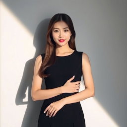 A beautiful Korean woman standing with her hands folded in front of her chest, wearing a black sleeveless dress that highlights her elegant and simple style