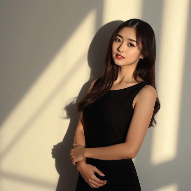 A beautiful Korean woman standing with her hands folded in front of her chest, wearing a black sleeveless dress that highlights her elegant and simple style