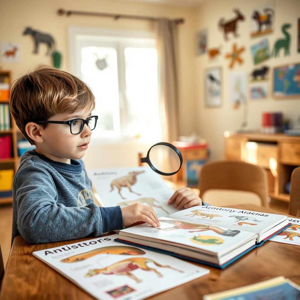 A young boy with blonde dark hair wearing glasses, sitting at a wooden table filled with colorful books and illustrations about animal anatomy