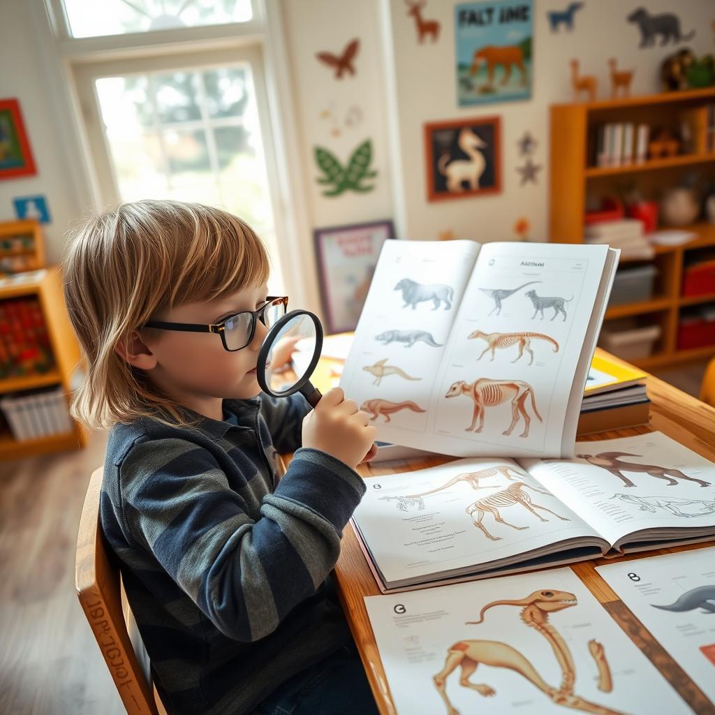 A young boy with long blonde dark hair wearing glasses, sitting at a wooden table filled with colorful books and illustrations about animal anatomy