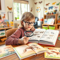 A young boy with long blonde dark hair wearing glasses, sitting at a wooden table filled with colorful books and illustrations about animal anatomy