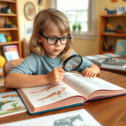 A young boy with long blonde dark hair wearing glasses, sitting at a wooden table filled with colorful books and illustrations about animal anatomy