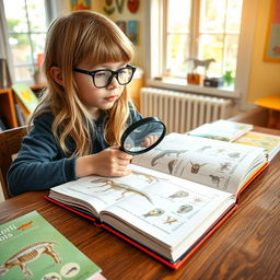 A young boy with long blonde dark hair wearing glasses, sitting at a wooden table filled with colorful books and illustrations about animal anatomy