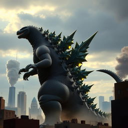 A reimagined version of Godzilla, featuring large, striking dorsal blades that appear to be growing out from its back
