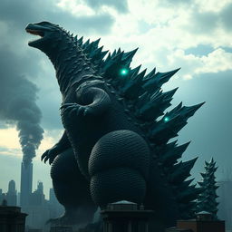 A reimagined version of Godzilla, featuring large, striking dorsal blades that appear to be growing out from its back