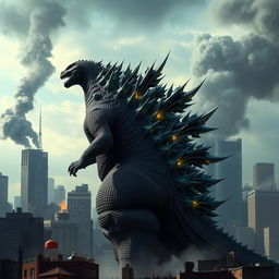 A reimagined version of Godzilla, featuring large, striking dorsal blades that appear to be growing out from its back