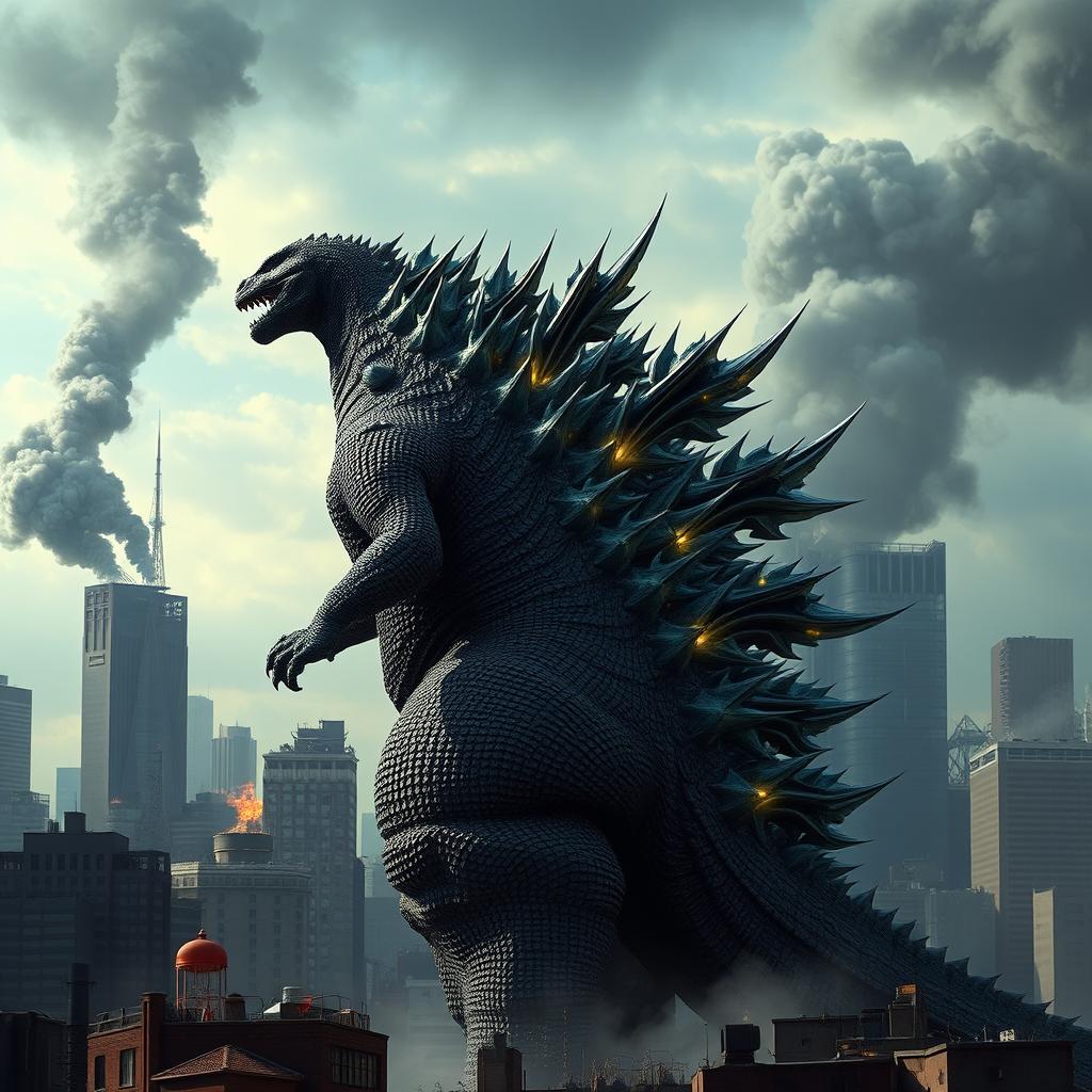 A reimagined version of Godzilla, featuring large, striking dorsal blades that appear to be growing out from its back