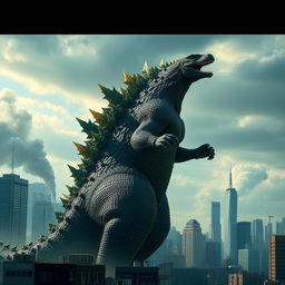 A reimagined version of Godzilla, featuring large, striking dorsal blades that appear to be growing out from its back