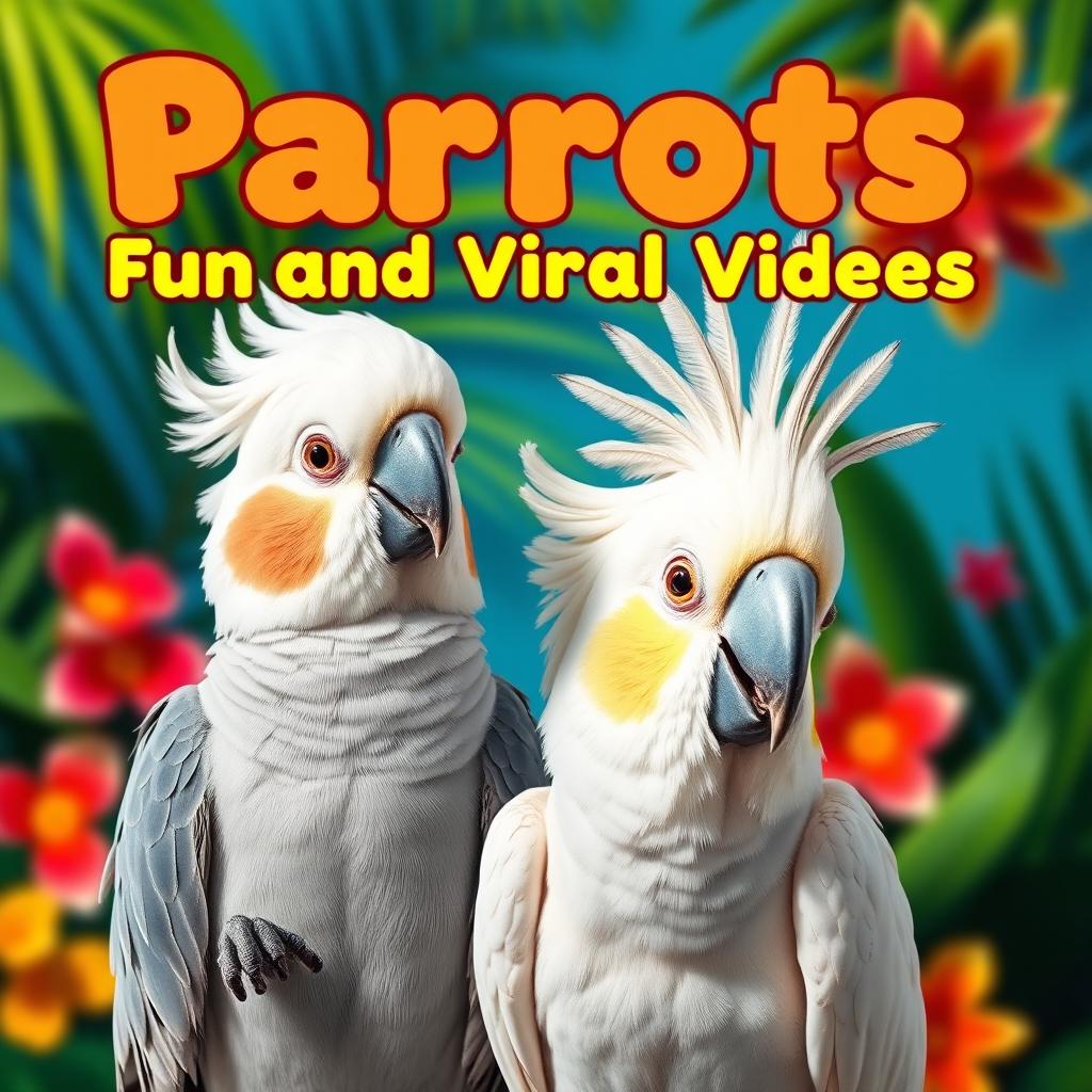 A vibrant and eye-catching YouTube thumbnail depicting a realistic cockatiel and a cockatoo positioned attractively together