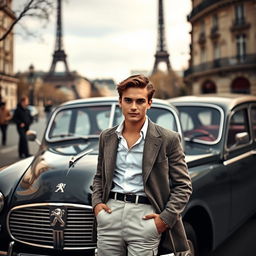 A strikingly handsome young man in a classic, vintage style outfit embodies a Parisian vibe, standing confidently next to a classic Peugeot car