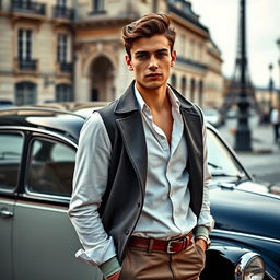 A strikingly handsome young man in a classic, vintage style outfit embodies a Parisian vibe, standing confidently next to a classic Peugeot car