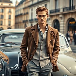A strikingly handsome young man in a classic, vintage style outfit embodies a Parisian vibe, standing confidently next to a classic Peugeot car