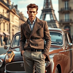 A strikingly handsome young man in a classic, vintage style outfit embodies a Parisian vibe, standing confidently next to a classic Peugeot car