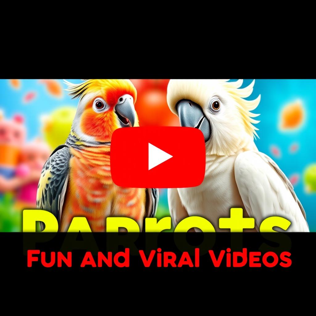 A vibrant and eye-catching YouTube thumbnail measuring 1280x720 pixels featuring the title 'Parrots Fun and Viral Videos' in bold, engaging text