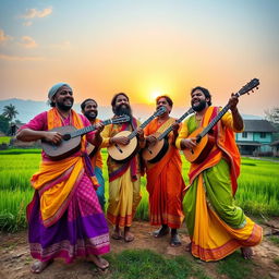 A vibrant scene showcasing a group of men passionately performing a traditional Baul song in a picturesque rural setting