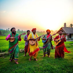 A vibrant scene showcasing a group of men passionately performing a traditional Baul song in a picturesque rural setting