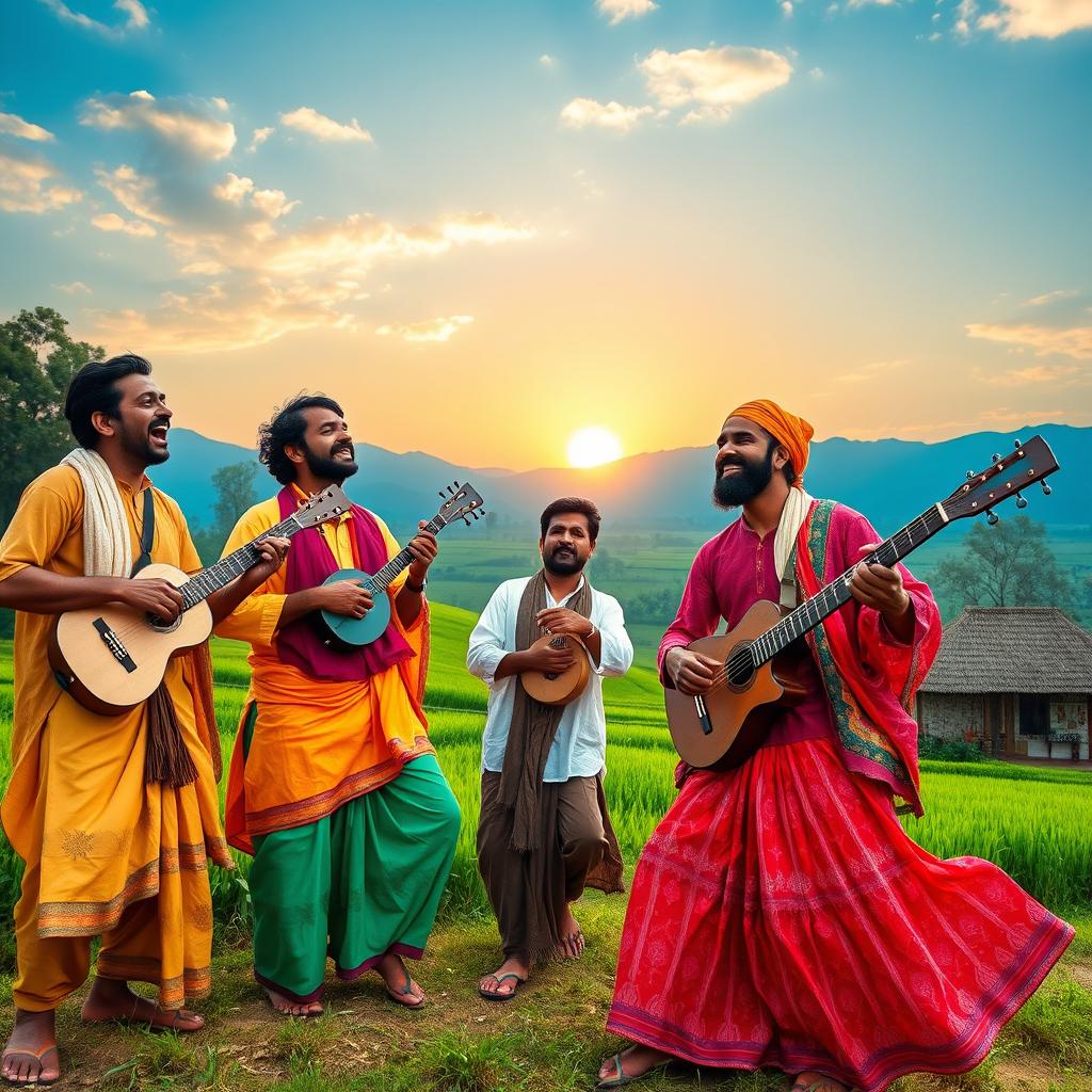 A vibrant scene showcasing a group of men passionately performing a traditional Baul song in a picturesque rural setting