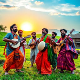 A vibrant scene showcasing a group of men passionately performing a traditional Baul song in a picturesque rural setting