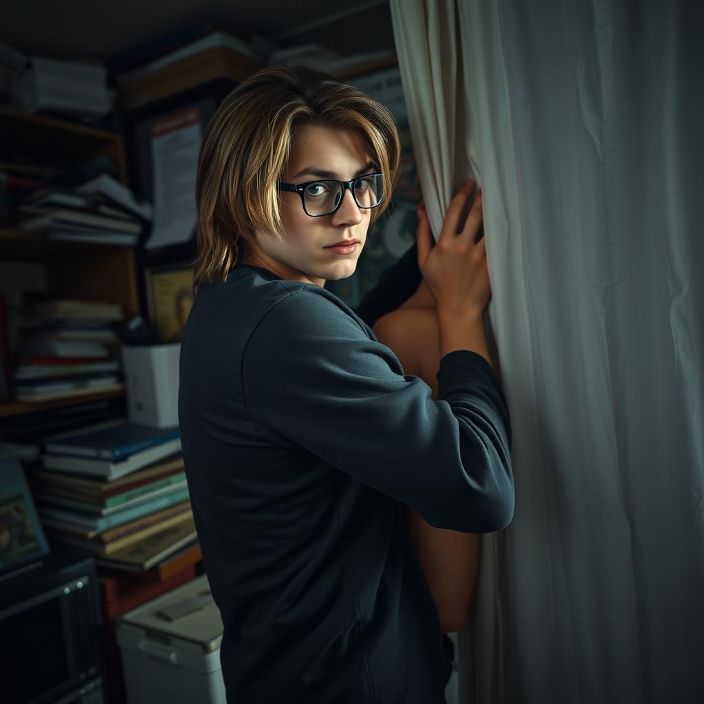 A young man with long blonde dark hair wearing glasses, hastily hiding a lifelike mannequin of a man's body in a dimly lit room