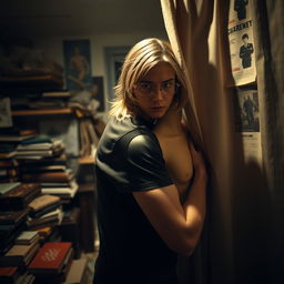 A young man with long blonde dark hair wearing glasses, hastily hiding a lifelike mannequin of a man's body in a dimly lit room